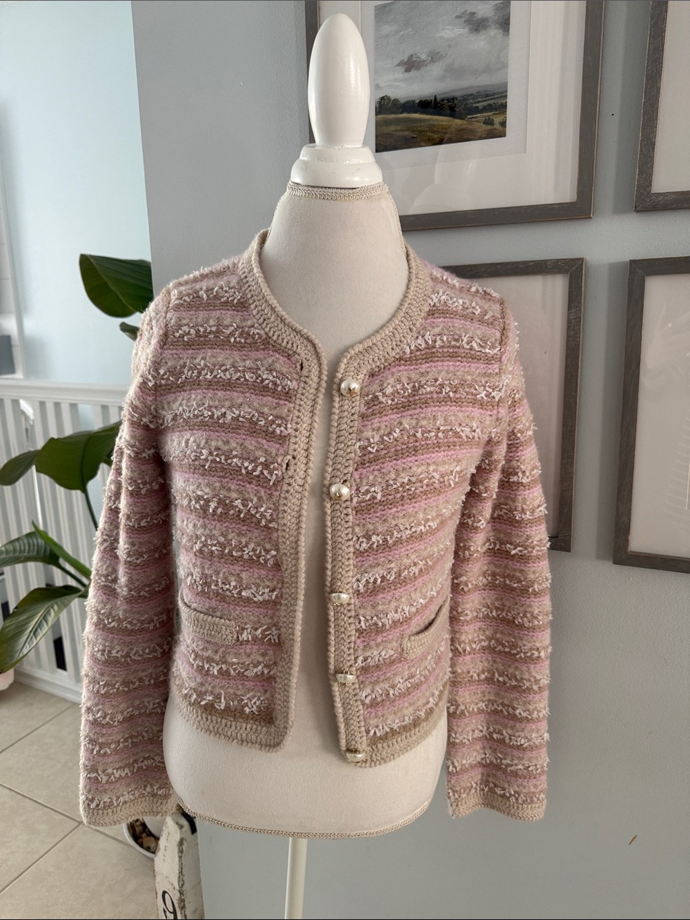 Love shack fancy Pink & Beige Textured Knit Blazer